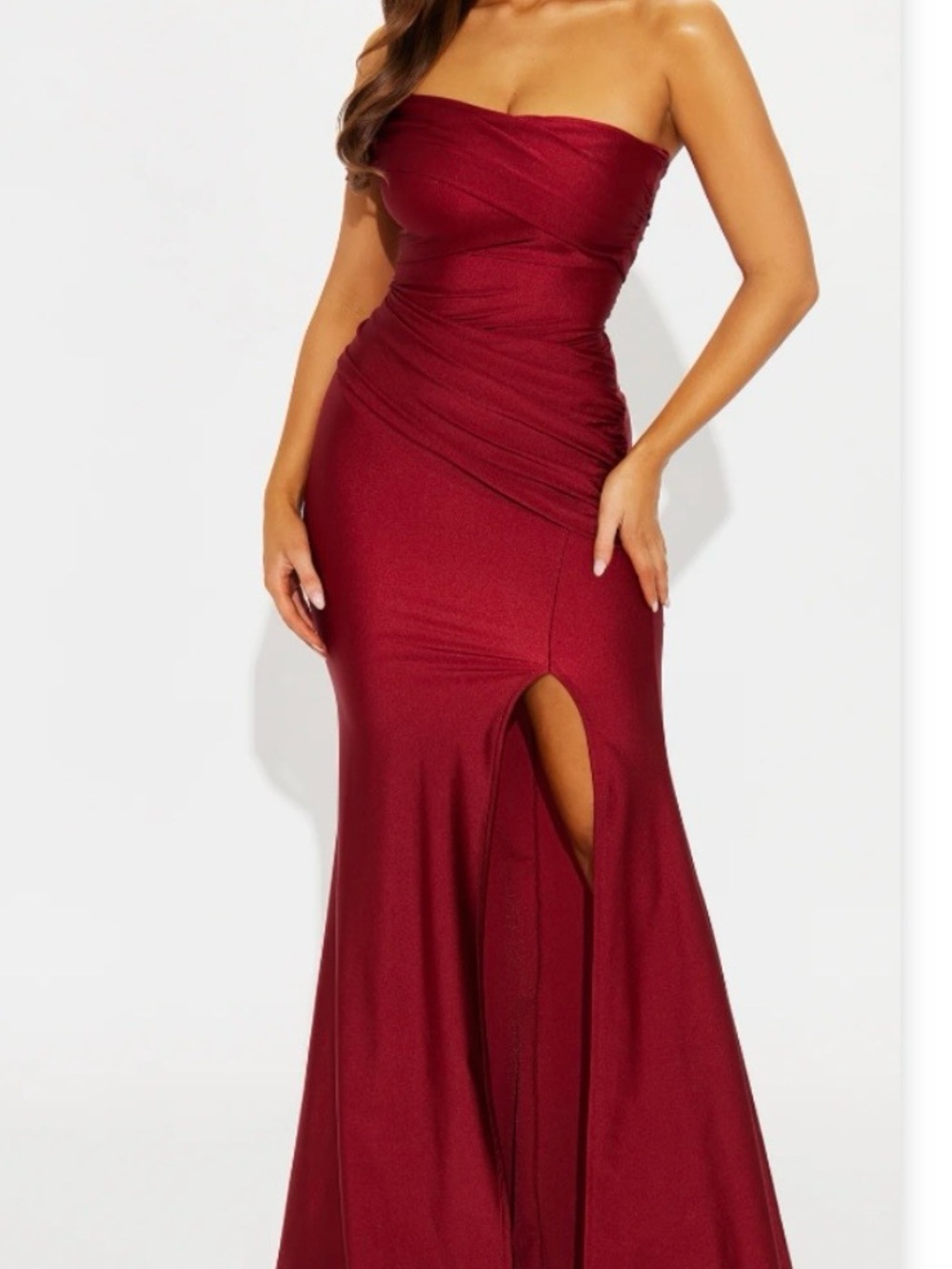 Fashion Nova Strapless Wine Red Ruched Gown with Front Slit